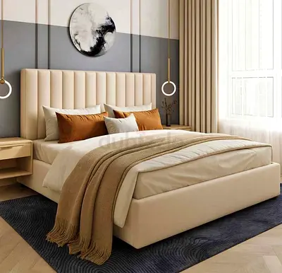 Upholstered Queen size Bed with Mattress Padded Headboard - Beige