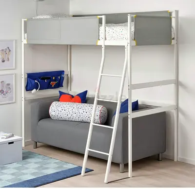 Loft Bed with Integrated Sofa — White Frame, Grey Upholstery