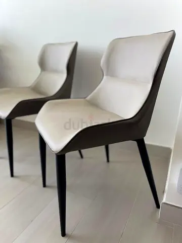 Set of 2 Modern Leather Dining Chairs — Beige and Brown, Good Condition