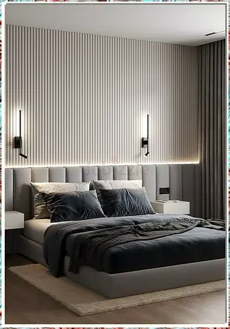 Modern upholstered platform bed with padded headboard