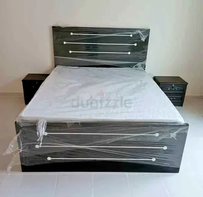 Queen Bed Frame with Headboard and Two Nightstands - Black Wood