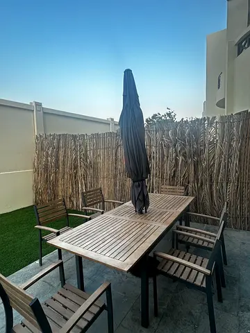 Outdoor Teak-style Dining Table with 6 Chairs and Umbrella - excellent Condition