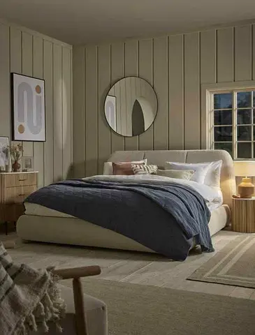 Modern upholstered double bed with low profile frame