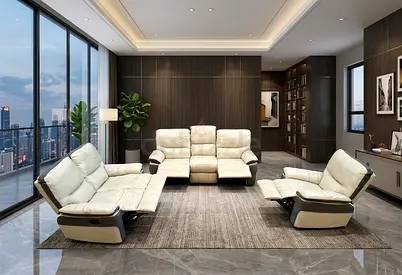 Cream Leather Recliner Sofa Set with Matching Armchairs — 5-Seater Comfort