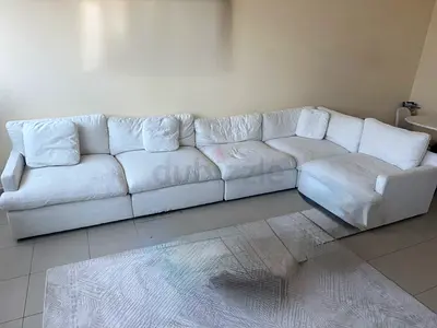 Large L-shaped White Fabric Sofa — Comfortable 5-Seater Sectional