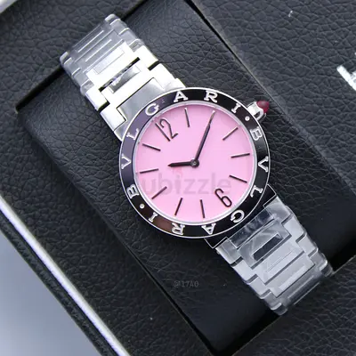 Bvlgari-style stainless steel womens watch with pink dial
