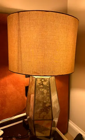 Pair of mirrored faceted bedside lamps with beige shades (set of 2) - used
