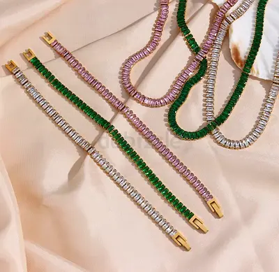 Emerald and Pink Zircon Tennis Bracelet and Necklace Set