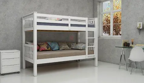 Sturdy White Wooden Bunk Bed with Ladder