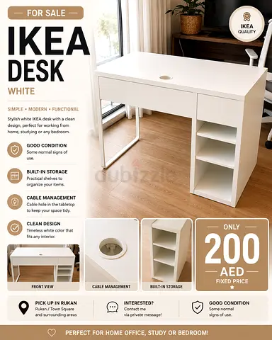 White IKEA Desk with Built-in Storage - Good Condition