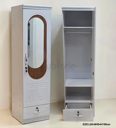 Tall white single-door wardrobe with mirror and drawer (L50 x W45 x H190 cm)