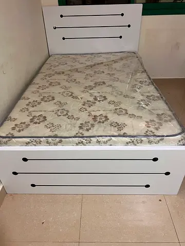 Double size bed frame with mattress - white wooden headboard and base