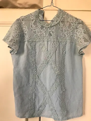 Light blue lace detail womens blouse, size unknown, gently used