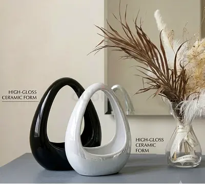 Pair of High-Gloss Ceramic Decorative Vases - Black  White