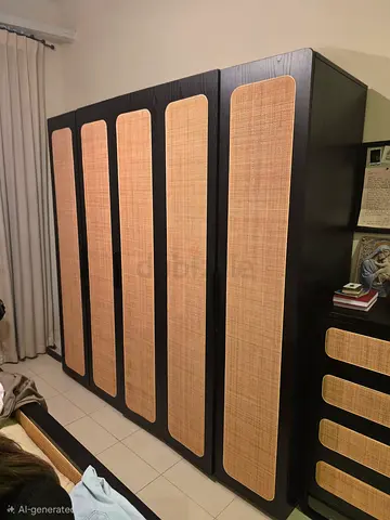 Large black wardrobe with rattan panel doors — 5-door storage closet