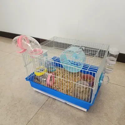 Hamster cage with tubes, wheel, accessories, food and bath sand  (1 Hamster Free to Adopt)