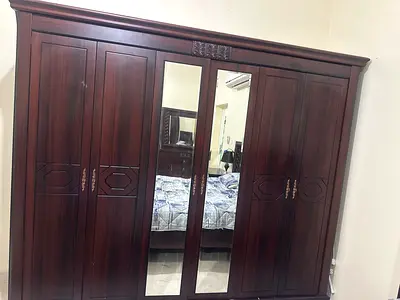 Spacious 6 Door Dark Wood Wardrobe with Mirror