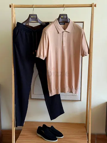 Loro piana Beige Polo Shirt and Black Joggers Set - Casual Smart Outfit
