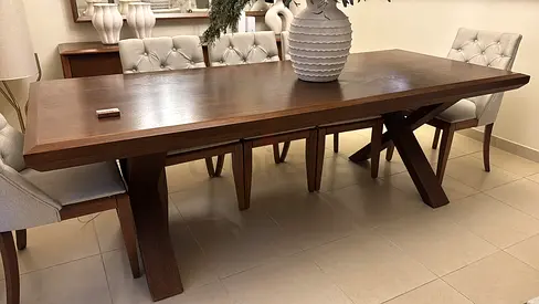 Solid Wood 8 seater Dining Table with X-Style Legs - with 4 seats