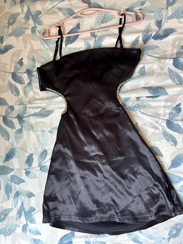 Black Satin Mini Dress with Rhinestone Cutouts