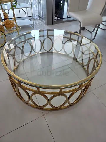Round Glass Coffee Table with Gold Circular Frame — Good Condition