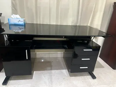 Black Glossy Study Table with Drawers and Cabinet