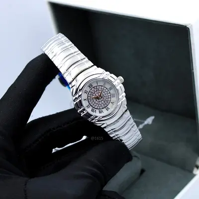 Silver womens wristwatch with crystal dial - stainless steel bracelet