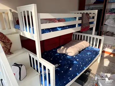 White Wooden Bunk Bed with Stairs – Twin over Twin, Good Condition