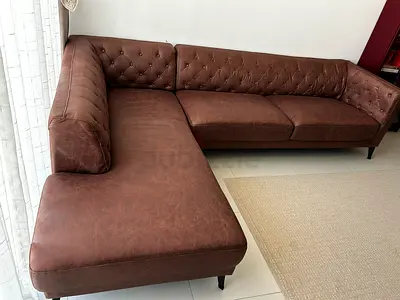 Brown L-shaped Leather Sofa with Button- Very Good Condition