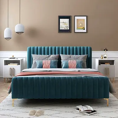 Queen upholstered bed frame with padded headboard and footboard