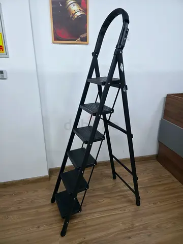 Black 6-Step Metal Folding Ladder with Safety Handrail