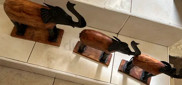 Decorative Wooden and Metal Elephant Figurines - Set of 3