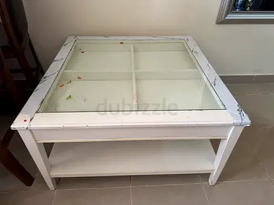 White Wooden Coffee Table with Glass Top and Lower Shelf - Good Used Condition
