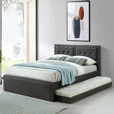 Nailhead queen size trundle bed