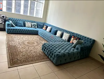 Set of 2 Tufted Velvet Middle Eastern-Style Sofas — Light Teal, Good Condition