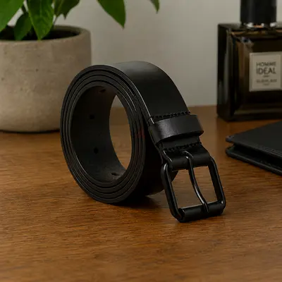 Black Genuine Leather Belt with Matte Black Buckle Classic Fit
