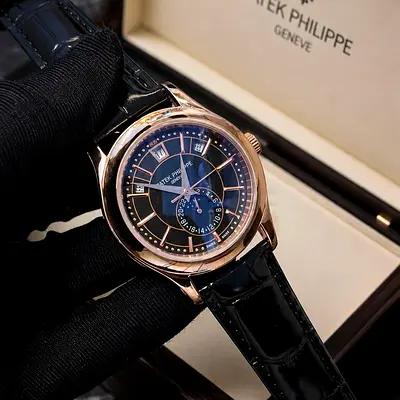 Patek Philippe-style Mens Automatic Moonphase Watch - Rose Gold Case, Black Dial