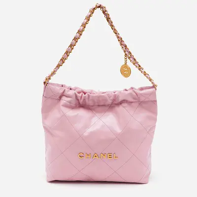 Authentic Chanel Light Pink Quilted Shiny Leather Small 22 Bag