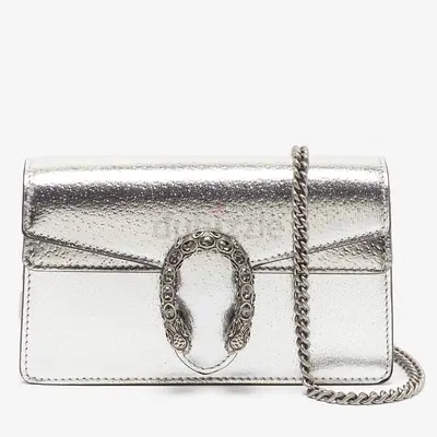 Authentic Gucci Dionysus Crystal Super Mini Silver Leather Shoulder Bag