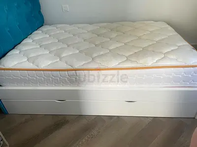 White Bed Frame with Integrated Storage Drawers and Mattress