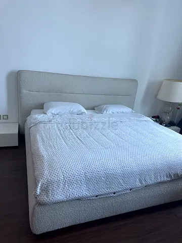 King Size upholstered fabric bed with headboard - light grey including mattress and 2 side tables