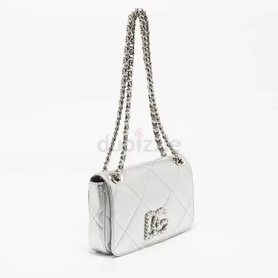 Authentic Dolce  Gabbana DG Logo Chain Silver Quilted Leather Shoulder Bag