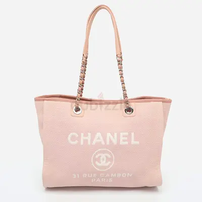 Authentic Chanel Deauville Medium Pink Canvas Tote
