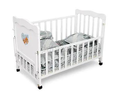 White Wooden Baby Crib with Wheels — Good Condition