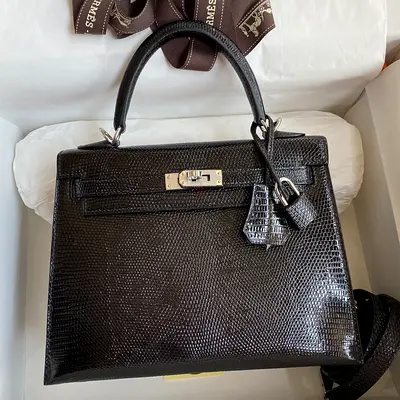 Hermes Kelly Sellier 25 In Black Lizard Leather