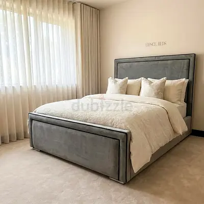Grey Upholstered Double Bed with Headboard and Storage Base