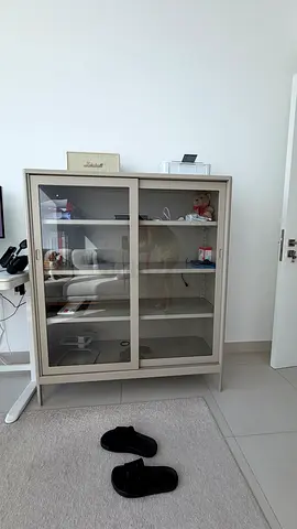 Glass-front display cabinet / bookshelf - light grey, good condition