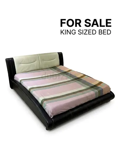 King size leather bed frame with upholstered headboard - good condition
