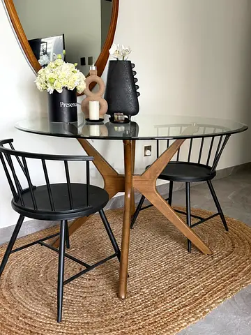 Glass Top Dining Table with Wooden Base and 2 Black Windsor Chairs