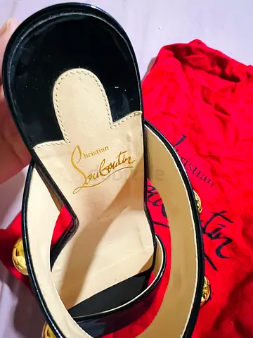 Christian Louboutin Womens Black Patent Leather Slide Heels - Size Unknown